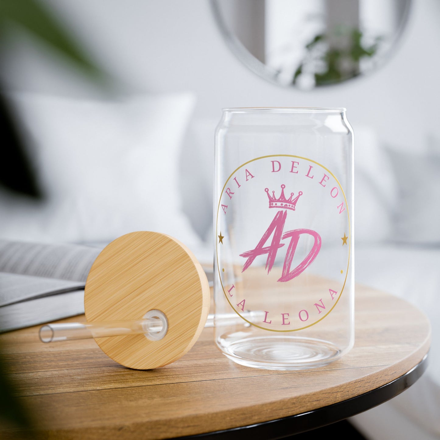 16oz Personalized Sipper Glass - "AD" Pink Crown Monogram Drink Jar with Bamboo Lid & Straw