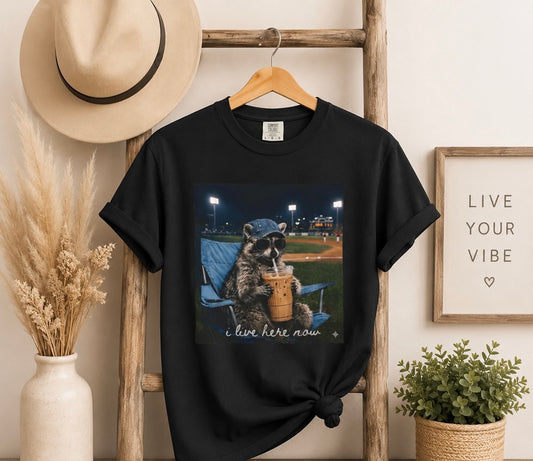 Raccoon at the Ballpark T-Shirt — "I Live Here Now" Cute Stadium Night Tee