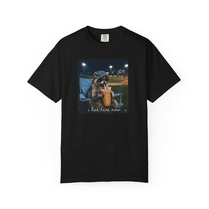Raccoon at the Ballpark T-Shirt — "I Live Here Now" Cute Stadium Night Tee