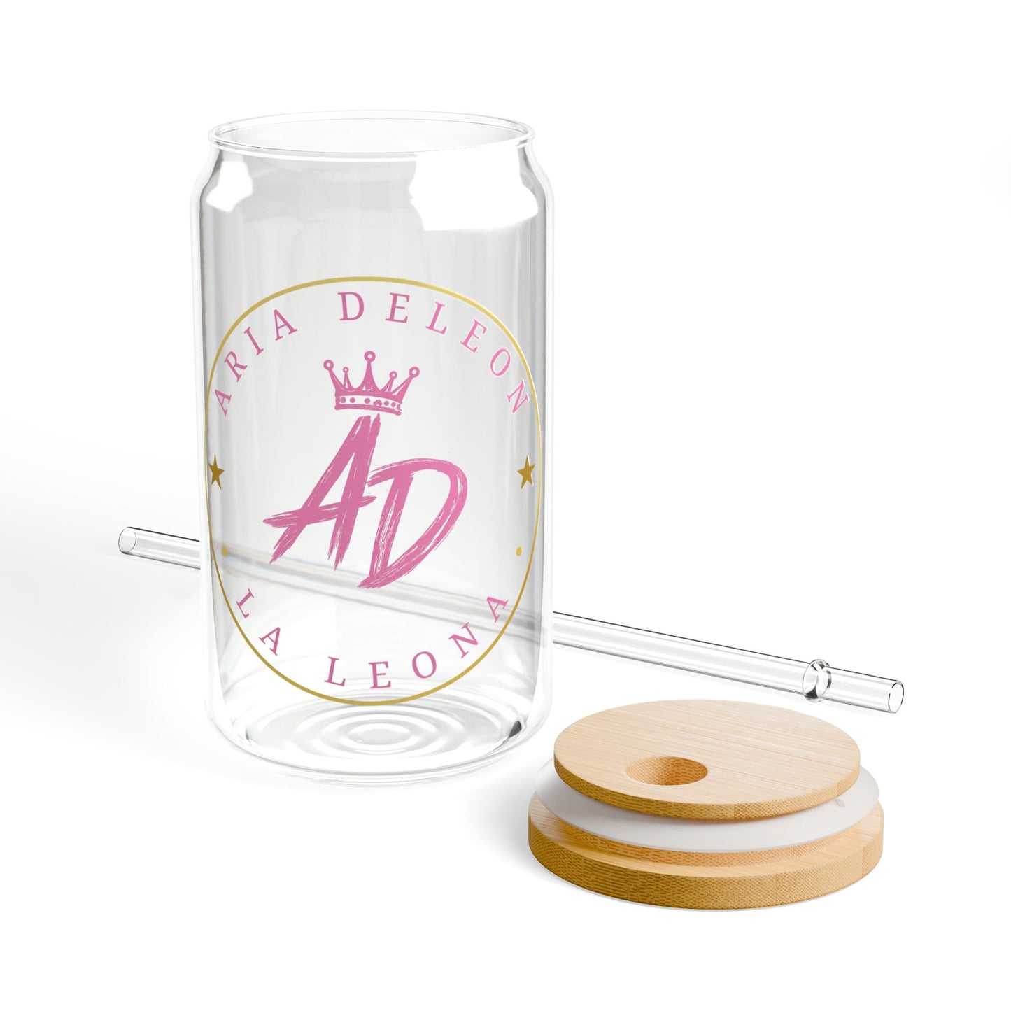 16oz Personalized Sipper Glass - "AD" Pink Crown Monogram Drink Jar with Bamboo Lid & Straw