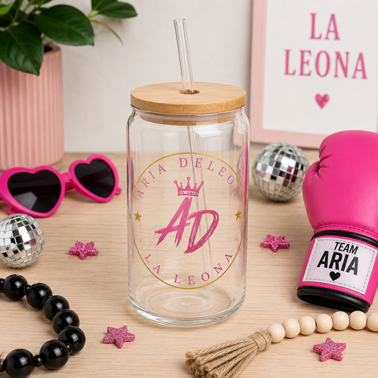16oz Personalized Sipper Glass - "AD" Pink Crown Monogram Drink Jar with Bamboo Lid & Straw