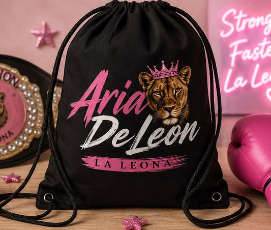 Drawstring Bag — "Aria Deleon La Leona" Lioness Graphic Gym Sack